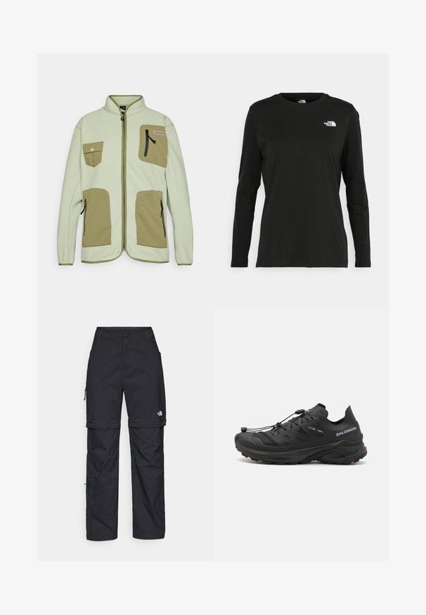 Fleece jacket in light green with contrasting olive green pockets, a zip closure, and a high collar; features two chest pockets and side zippers.; Black long-sleeve t-shirt made of cotton with a round neck. Features a small white logo on the left chest area. Simple design and fit.; Black nylon zip-off cargo trousers with adjustable cuffs, multiple pockets, and a logo on the right leg. Smooth, lightweight texture.; Black trail running shoes with a textured upper, mesh panels, and a secure fastening system. Features a rugged outsole for traction.