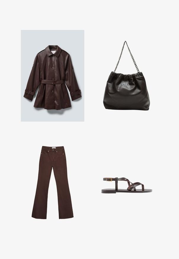 Ciemnobrązowy skórzany płaszcz z paskiem, z zapięciem na guziki, szerokim kołnierzem, długimi rękawami z klamrami oraz kieszeniami po bokach.; Brązowa koszulka z krótkim rękawem, wykonana z miękkiego materiału, z okrągłym dekoltem i luźnym krojem. Brak widocznych wzorów lub akcentów.; Brązowe dżinsy w fasonie dzwonów, wykonane z denimu, z wysokim stanem, dwoma przednimi kieszeniami i miedzianymi detalami na pasku i otworach kieszeni.; Brązowe skórzane sandały z krzyżującymi się paskami, zapięciem na klamrę przy kostce oraz płaską podeszwą z minimalnymi detalami szycia.; Brązowa skórzana torba z marszczonym szczytem i łańcuszkowym paskiem. Gładka tekstura z błyszczącym wykończeniem i subtelnymi detalami szwów po bokach.