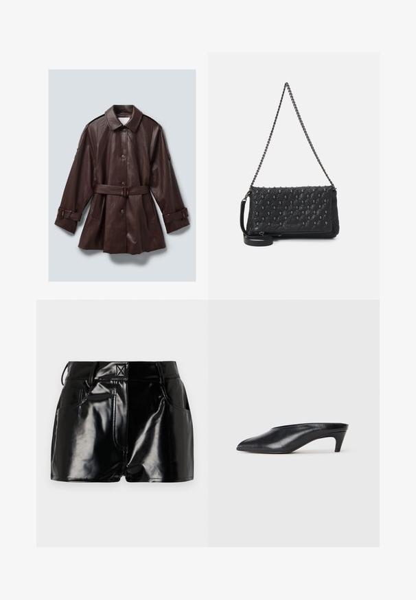Tamno smeđi kožni kaput s remenom i kopčanjem na dugmad, širokim ovratnikom, dugim rukavima s kopčama i bočnim džepovima.; Crna skraćena majica od pamučnog materijala, s okruglim izrezom i kratkim, širokim rukavima za slobodniji kroj. Glatka tekstura, jednostavan dizajn.; Crne, sjajne kratke hlače napravljene od sintetičkog materijala. Imaju uski pojas, petljice za pojas i prednje džepove sa istaknutim detaljima šivanja.; Crne kožne mule s zašiljenim prstom, niskom petom i glatkom teksturom. Minimalistički dizajn bez vidljivih metalnih dijelova ili uzoraka.; Crna jastučićasta kožna torba s lanacom, s detaljima u obliku lubanje i zatvaranjem na patentni zatvarač. Tekstura površine s sjajnim završetkom.