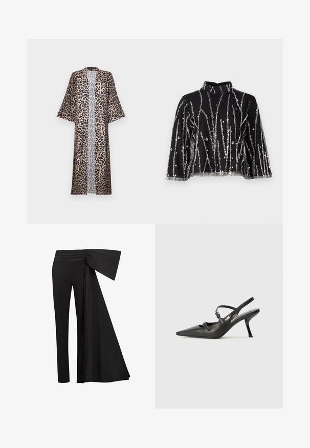 Kimono w leopardzim wzorze w luźnym kroju, z krótkimi rękawami, otwartym przodem i jedwabistą teksturą. Paleta kolorów obejmuje czerń, brąz i beż.; Czarny krótki top z wysokim dekoltem, zdobiony pionowymi liniami z srebrnych cekinów, z przezroczystymi rękawami oraz fakturowanym materiałem.; Czarne spodnie z szerokim, drapowanym paskiem w talii. Gładki materiał, prosty krój nogawki i plisowany pasek w talii.; Czarne skórzane sandały na obcasie typu slingback z wydłużonym noskiem, smukłym obcasem i ozdobnym zapięciem na cholewce. Gładka tekstura i elegancka forma.