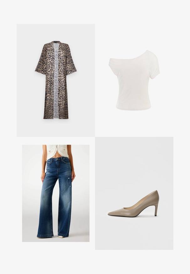 Leopardi mustriga kimono, millel on lõdva istuvus, lühikesed varrukad, avatud eesosa ja siidine tekstuur. Värvipalett hõlmab musta, pruuni ja beeži.; Valge õlgadelt avatud t-särk, mis on valmistatud pehmest ja kerge kangast. Lühikesed varrukad, keha lähedane lõige ja kokkuveeritud äärte detail. Sile tekstuur.; Laiad, tumesinised denimpüksid, millel on kulumisdetailid, tavaline talje ja heledad pleekimise efektid. Traditsiooniline viie tasku disain, nupuga sulgemine.; Beige nahast kõrge kontsaga kingad, millel on terav varvas ning õhuke, 7 cm konts. Sile pind ja minimalistik disain ilma nähtavate kaunistusteta.