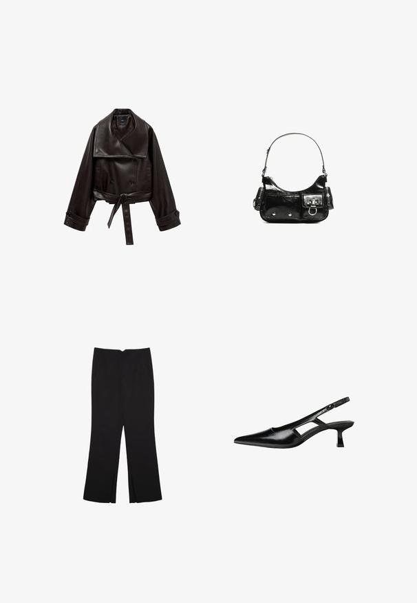 Braune Lederjacke in cropped Form mit breitem Kragen, doppelt-knöpfbarem Verschluss und Gürtel in der Taille. Verfügt über große Manschetten mit Knopf-Details.; Schwarzes ärmelloses Crop-Top aus glattem Stoff, mit rundem Ausschnitt und einem klaren, schlichten Design ohne Muster oder Beschläge.; Schwarze Hose mit geradem Schnitt, ausgestattet mit Fronttaschen und Seitenschlitzen am Saum. Hergestellt aus weichem, glattem Stoff. Geeignet für verschiedene Anlässe.; Schwarze Lackleder-Slingback-High Heels mit spitzer Zehenform, ausgeschnittenem Seitendesign und kleinem Blockabsatz. Glatte Textur mit minimalen Akzenten.; Schwarze Lackleder-Handtasche mit geschwungenem Design, einem Schulterriemen, Vordertaschen und silberfarbenen Hardware-Akzenten.
