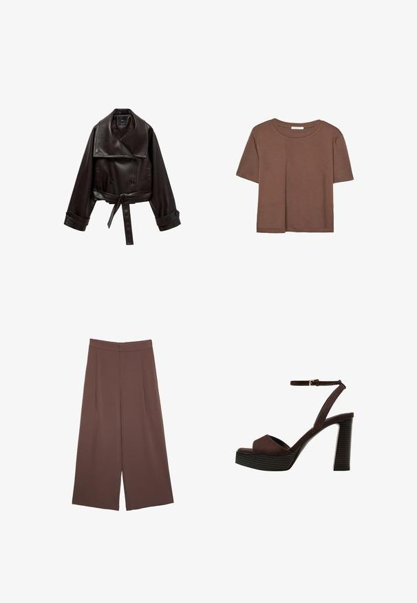 Giacca cropped in pelle marrone con ampio colletto, chiusura a doppio petto con bottoni e cintura in vita. Presenta grandi polsini con dettagli in bottoni.; Maglietta a maniche corte marrone realizzata in tessuto morbido, con scollatura rotonda e vestibilità rilassata. Nessun motivo o dettaglio visibile.; Pantaloni ampi marroni con una texture liscia, caratterizzati da una vita alta e pieghe frontali. Il tessuto è leggero e scorre liberamente.; Sandal in camoscio marrone con tacco alto, punta aperta, cinturino alla caviglia regolabile e suola a piattaforma striata.