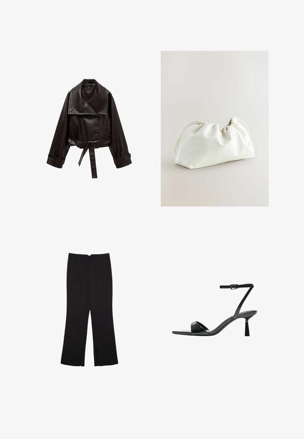 Hnedá kožená skrátená bunda so širokým golierom, dvojradovým zapínaním na gombíky a opaskom v páse. Obsahuje veľké manžety s gombíkovými detailmi.; Čierny tank top vyrobený z bavlny, s okrúhlym výstrihom a širokými ramienkami. Hladká textúra so zošitými okrajmi. Klasický, minimalistický dizajn.; Čierne nohavice so strihom rovného strihu, s prednými vreckami a bočnými rozparkami na leme. Vyrobené z mäkkej, hladkej tkaniny. Vhodné na rôzne príležitosti.; Bershka Sandále na vysokom opätku - black; Biela taška z koženky s zhromaždeným dizajnom, sťahovacím uzáverom a hladkým povrchom. Zakrivený tvar s jemnými záhybmi a minimálnym hardvérom.