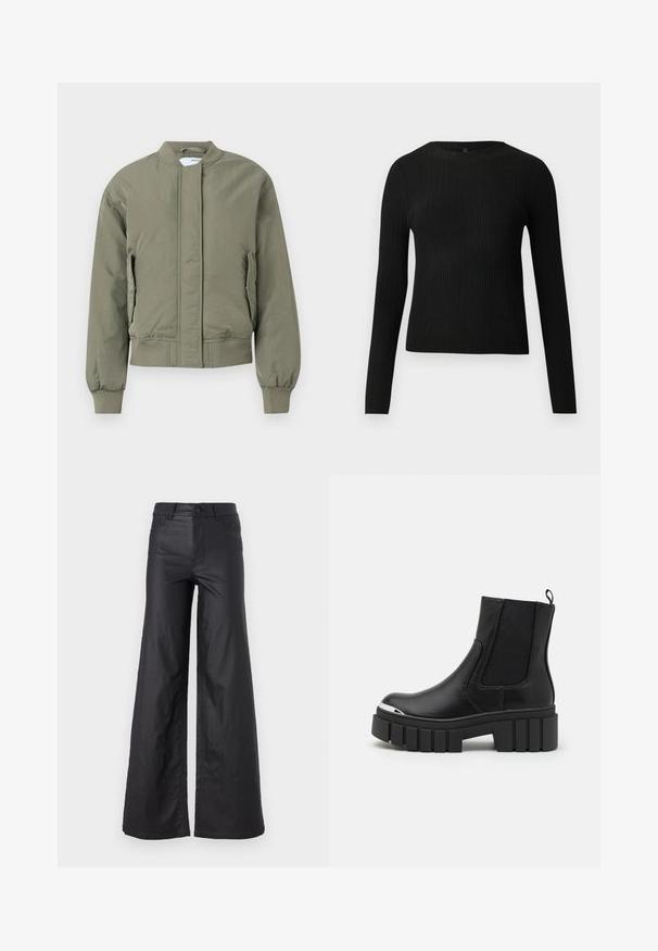 Oliven grøn bomberjakke med frontlynlås, ribbede manchetter og talje. Har sidelommer og en glat, mat tekstur.; Sort ribbet langærmet tætsiddende sweater med rund halsudskæring, præsenteret på en ensfarvet lys baggrund.; Sorte, vidde bukser i et materiale der ligner læder. Har høj talje, bæltestropper, to forlommer og stiksyninger.; Sorte ankelstøvler lavet af glat læder med elastiske paneler, en tyk platformssål og en metallisk tåkap.