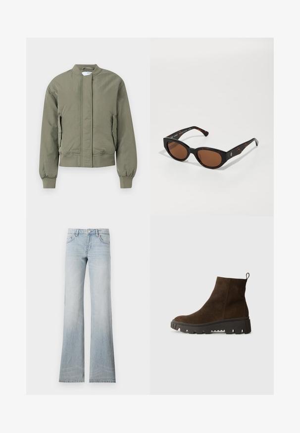 Oliwkowa kurtka bomberka z przednim zamkiem błyskawicznym, prążkowanymi mankietami i pasem w talii. Posiada boczne kieszenie oraz gładką, matową fakturę.; Szary sweter o luźnym kroju z ribbowanym wykończeniem, zestawiony z beżowymi spodniami z mankietami i czarnymi butami. Gładka tekstura, minimalistyczny design.; Jasnoniebieskie dżinsy dzwonowe z wyblakłym wykończeniem, pięcioma kieszeniami i zapięciem na guzik. Materiał ma gładką fakturę i lekką elastyczność.; Brązowy zamszowy botek za kostkę z masywną czarną gumową podeszwą, posiadający lekki obcas i pętelkę z tyłu ułatwiającą zakładanie.; Czarne okulary przeciwsłoneczne w tortoishell z brązowymi soczewkami, kanciasty design i szerokie oprawki z subtelnym logo. Gładka tekstura plastiku.