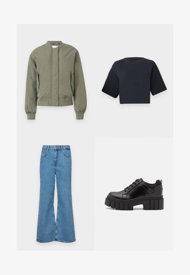 Oliven grøn bomberjakke med frontlynlås, ribbede manchetter og talje. Har sidelommer og en glat, mat tekstur.; Mørke marineblå cropped striktrøje med ribbet tekstur, korte brede ærmer og rund halsudskæring. Enkel design, ingen synlige mønstre eller accenter.; Lysblå flagrende jeans lavet af denim, med høj talje, fem lommer og en enkelt knaplukning. Blød tekstur med en falmet finish.; Sorte læder platform sko med en klodset blokhæl, rund tå og traditionelt snøredesign. Har en glat tekstur og minimal detaljering.
