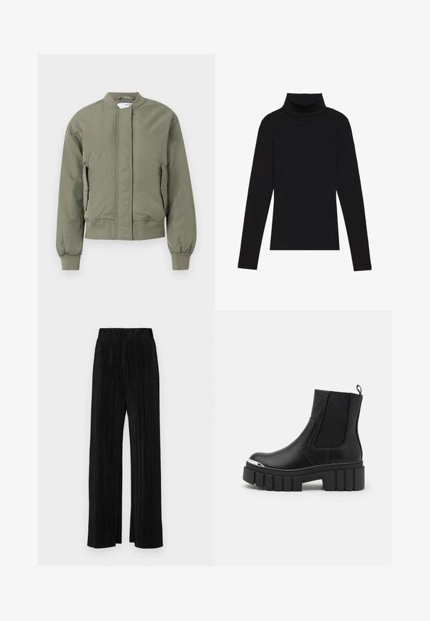 Olivinės spalvos bomberio striukė su priekine užtrauktuku, guma apatinėse rankovėse ir juostoje. Turi šonines kišenes ir sklandžią, matinę tekstūrą.; Juoda turtleneko ilgo rankovės viršutinė dalis, pagaminta iš raukšlėtos medžiagos, turi prigludusią formą, aukštą apykaklę ir neturi jokių raštų ar akcentų.; Juodi plisuoti kelnės su elastine juosta. Turėkite plačias kojas ir glotnų, tekstūrinį audinį su vertikaliais dryžiais.; Juodos kulkšninės batai iš lygaus odos su elastingomis juostelėmis, storu platformos padu ir metaliniu pirštų dangteliu.