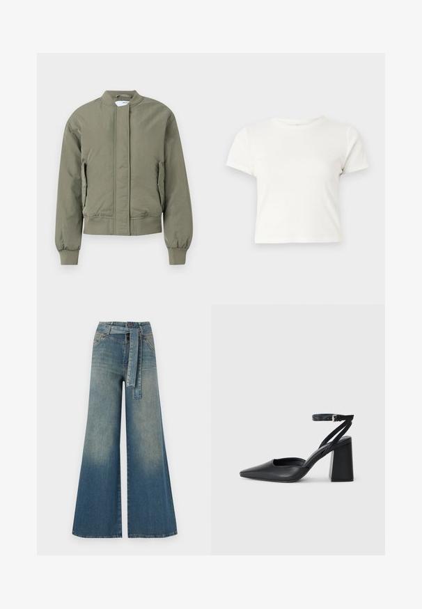 Olivno zelena bomberska jakna s sprednjim zadrgo, rebrastimi manšetami in pasom. Ima stranske žepe in gladko mat teksturo.; Kratka bela majica iz bombaža s kratkimi rokavi, okroglim ovratnikom in ravnim robom, ki ima gladko teksturo in minimalističen dizajn.; Široke jeans hlače z gradientom od svetlo do temno modre, visokim pasom, zankami za pas in pasom iz istega materiala. Tekstura denim končnica.; Črne usnjene klasične čevlje z ostrim nosom, z zaponko za gleženj in debelim peto. Ravna tekstura, eleganten dizajn in minimalistična estetika.