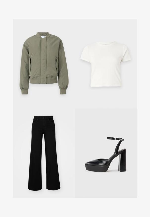 Olivroheline bomber-jakk esifli ja soonikkraega. Omab küljetaskuid ja sileda, matt tekstuuri.; Lühike valge T-särk, mis on valmistatud puuvillast, lühikeste varrukatega, ümmarguse kaelusega ja sirge lõikega, omades sileda tekstuuri ja minimaalset disaini.; Mustad mustad püksid, mis on valmistatud denimist, struktuurse vöökohtade, vöökootidega ja esikottidega. Sile tekstuur klassikalise disainiga.; Mustad platvormi kontsad terava ninaga ja reguleeritava pahkluuraamiga. Valmistatud siledast nahast, funktsioneerib massiivse plokknäheeliga.