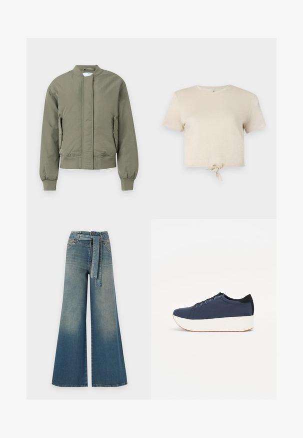 Jachetă bomber verde măsliniu cu fermoar frontal, manșete și talie ribbate. Dispune de buzunare laterale și o textură netedă, mată.; Tricou beige scurt, realizat dintr-un material strălucitor, cu mâneci scurte și un detaliu legat la margine. Textură netedă și decolteu rotund.; Pantaloni din denim largi, cu un gradient de la albastru deschis la albastru închis, talie înaltă, bucle pentru curea și o curea din același material. Finisaj texturat din denim.; Sneaker albastru închis, cu un material texturat pe partea superioară, talpă platformă albă, vârf rotunjit și accent de călcâi negru. Dispune de șase găuri pentru șireturi.
