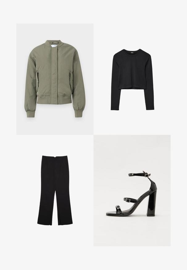 Oliven grøn bomberjakke med frontlynlås, ribbede manchetter og talje. Har sidelommer og en glat, mat tekstur.; Sort langærmet cropped top med rund halsudskæring, ensfarvet design og let buet kant.; Sorte bukser med lige pasform, der har frontlommer og slidser i kanten. Lavet af blødt, glat stof. Velegnet til forskellige anledninger.; Sorte patenterede hælsandaler med firkantet tå, ankelremme og sølvspænder. Har en chunky blokHæl for stabilitet.
