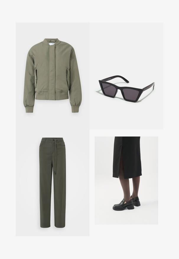 Oliven grøn bomberjakke med frontlynlås, ribbede manchetter og talje. Har sidelommer og en glat, mat tekstur.; Sorte ribbede turtleneck top, korte ærmer, tætsiddende design, blød tekstur, minimale sømme og en høj krave.; Grønne, vide bukser lavet af letvægtsstof med belted talje, forlommer og en glat overflade.; Sorte lædersko med rund tå, kraftig blokhæl og elastiske sideaccentuer, parret med mørke strømpebukser og en sort nederdel med slids.; Sorte, kantede solbriller med grå linser; lavet af plast, med tykke stænger med en glat overflade og ingen synlig hardware.