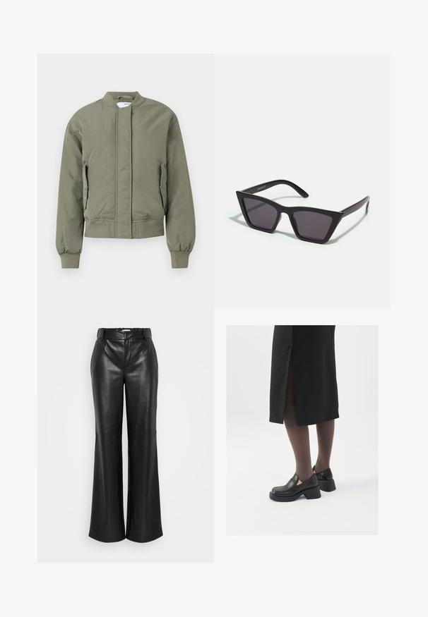 Olīvu zaļš bombardiera jakas ar priekšējo rāvējslēdzēju, ribotām aprocēm un jostu. Iekļauj sānu kabatas un gludu, matētu tekstūru.; Melnas ribotas turtleneck blūze, īsām piedurknēm, pieguļošs dizains, maiga tekstūra, minimāls šuvju skaits un augsts kakls.; ONLY Tall ONLSMOOTH WIDE - Auduma bikses - black; Melni ādas apavi ar noapaļotu purngalu, biezām bloku papēžiem un elastīgiem sānu akcentiem, apvienoti ar tumšām zeķubiksēm un melnu svārku ar šķirbu.; Melni, stūrveida saulesbrilles ar pelēkiem objektīviem; izgatavotas no plastmasas, ar biezām kājām, kam ir gluda virsma un nav redzamu stiprinājumu.