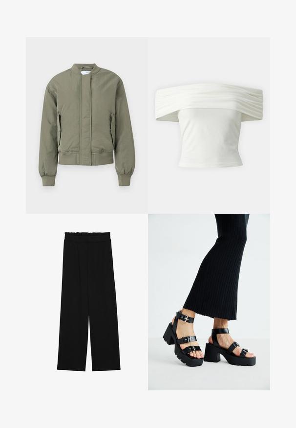 Oliven grøn bomberjakke med frontlynlås, ribbede manchetter og talje. Har sidelommer og en glat, mat tekstur.; Hvid top med off-shoulder design, plisseret struktureret halsudskæring og tætsiddende liv. Fremstillet af blødt stof med en glat tekstur.; Sorte brede bukser med en rynket talje, der har to sidelommer og et glat, let stof. Ingen synlige mønstre eller hardware.; Sorte platfromsandaler med kraftige, skridsikre såler og flere stropper, der har metalspænder og en glat læderlignende tekstur.