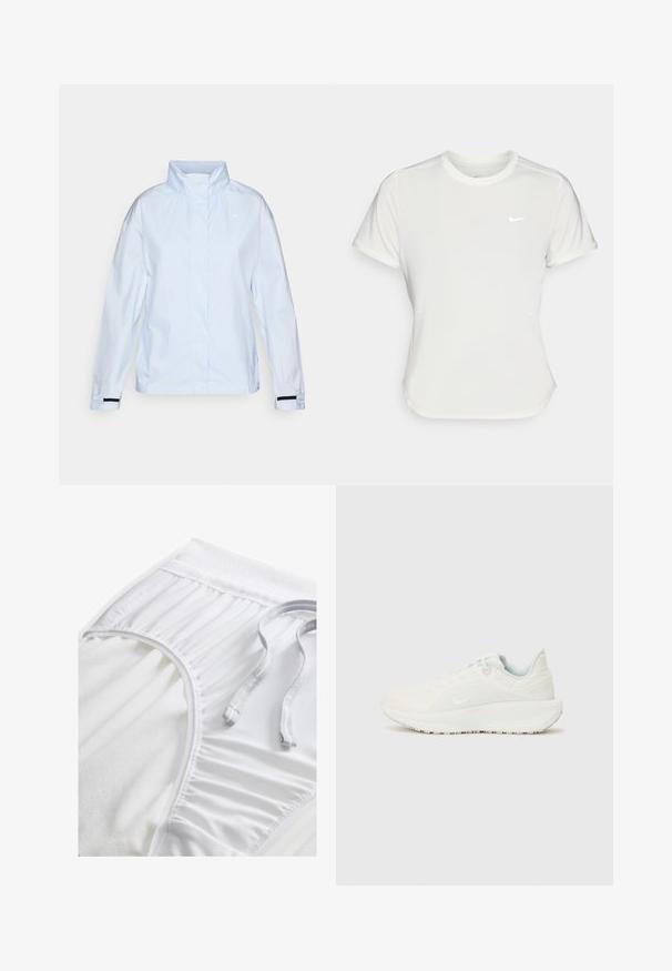 Giacca leggera azzurro chiaro con colletto alto, maniche lunghe e accenti elastici neri ai polsini. Tessuto liscio e idrorepellente.; T-shirt Nike bianco, maniche corte, scollatura rotonda, realizzata in un tessuto morbido e leggero. Presenta un logo discreto sul petto.; Pantaloni sportivi bianchi con una vita testurizzata, dettagli arricciati sui lati e un cordino piatto. Tessuto morbido con finitura liscia.; Scarpe da ginnastica bianche con tomaia texture, collo imbottito e chiusura con lacci. Presentano una suola curva e un logo discreto sul lato.
