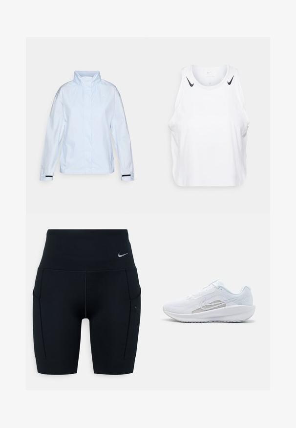 Lys blå lett jakke med høy krage, lange ermer og elastiske svarte detaljer ved mansjettene. Glatt, vannavstøtende stoff.; Hvit ermeløs tanktop laget av lett materiale, med svarte Nike-logo aksenter på skuldrene, rund hals og avslappet passform.; Svart høyverdig trening shorts laget av elastisk materiale; har sidelommer og en liten Nike-logo på midjen.; Hvit sportssko med mesh-overdel, rund tå og teksturert såle. Har en sølvfarget Nike swoosh og et minimalistisk design.