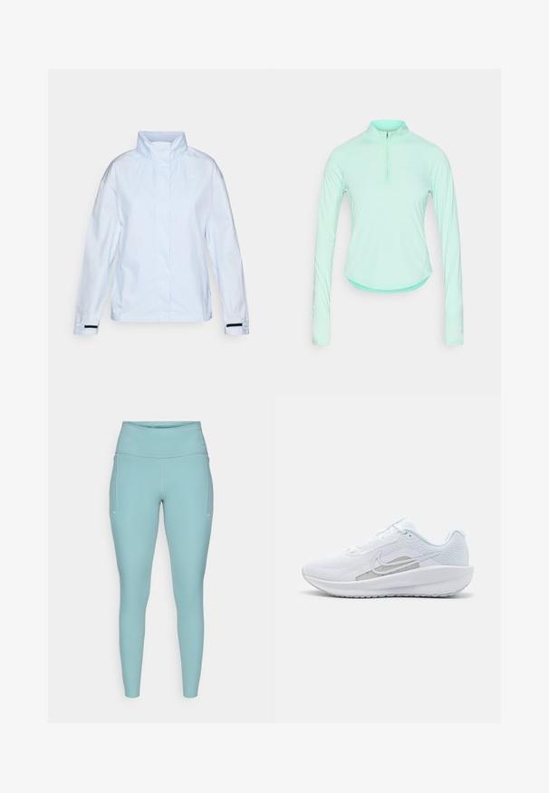 Light blue lightweight jacket with a high collar, long sleeves, and elastic black accents at the cuffs. Smooth, water-resistant fabric.; Mint green long-sleeve athletic shirt with a zippered collar, featuring a fitted design and smooth, lightweight fabric.; Light blue leggings made of stretchable material, featuring a high waistband, seamless design, and minimal white accents on the sides.; White athletic shoe with mesh upper, rounded toe, and textured sole. Features a silver Nike swoosh and minimalistic design.