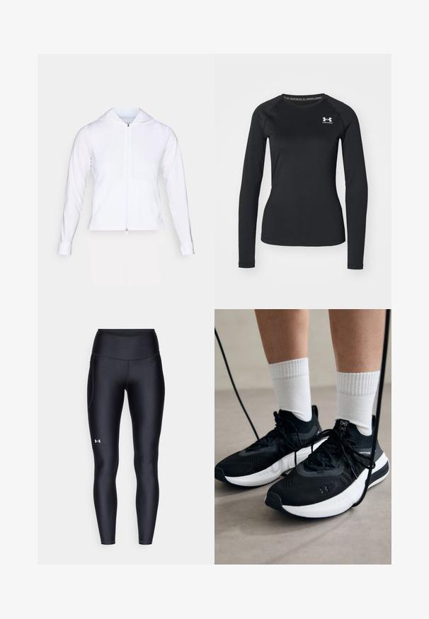 Bijela, lagana jakna sa zatvaračem, kapuljačom, dugim rukavima i prilagođenim dizajnom. Izrađena od glatkog, prozračnog materijala s elegantnim završetkom.; Crna termo majica dugih rukava od glatkog materijala, s okruglim izrezom i malim bijelim logotipom na lijevoj strani prsnog koša.; Crne tajice izrađene od glatkog, rastezljivog materijala s visokim strukom. Imaju bijeli logo na lijevom butu i prilagođen dizajn.; Crne atletske cipele s teksturiranim materijalom, bijelim potplatima i crnim vezicama. Nosene s bijelim rebrastim čarapama, stojeći na svijetloj površini.