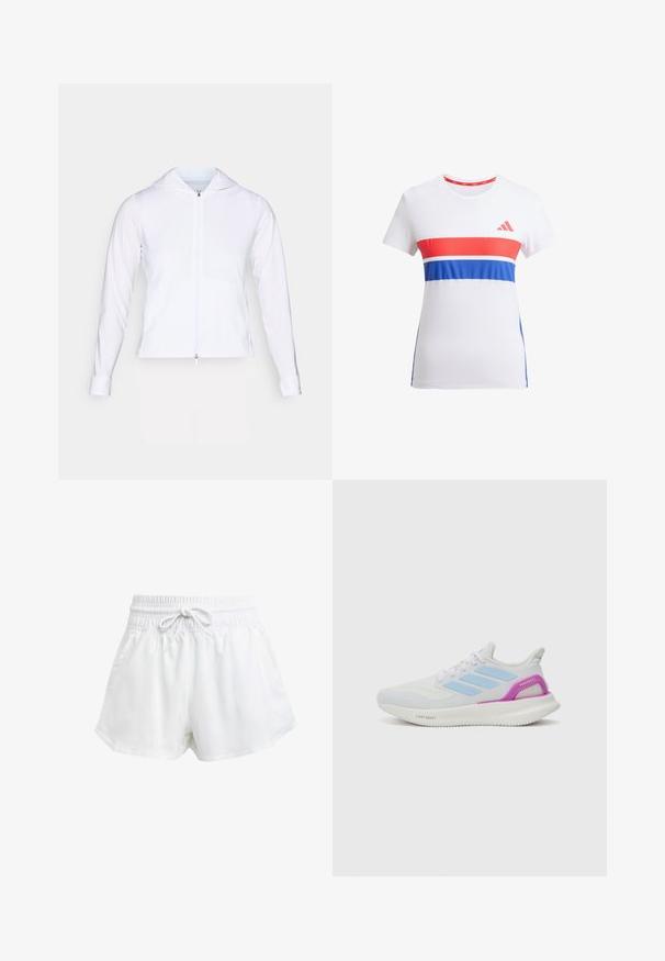 Balta, lengva užtrauktuko striukė su gobtuvu, ilgomis rankovėmis ir prigludusiu dizainu. Pagaminta iš lygaus, kvėpuojančio audinio su glotnia apdaila.; Balta sportinė t-marškiniai, dekoruoti raudonais ir mėlynais horizontaliais dryžiais, su apvaliu iškirpimu, trumpomis rankovėmis ir logotipu ant krūtinės.; Baltos sportinės šortai su elastinga juostos juosta ir reguliuojama raišteliu. Pagaminti iš lengvo audinio, turi šonines kišenes ir laisvą siluetą.; adidas Performance PUREBOOST 5 - Bėgimo batai plentui - white/glow blue/purple burst