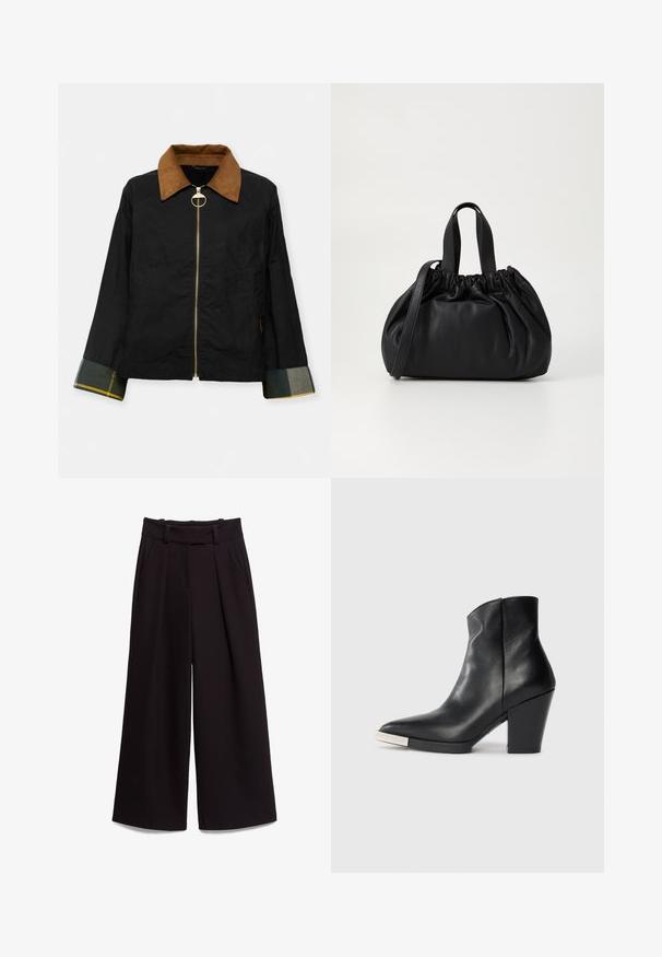 Black jacket with a brown corduroy collar, gold zipper, and plaid cuffs featuring green and yellow accents. Casual design with side pockets.; White sleeveless top made of ribbed fabric, featuring a round neckline and a fitted silhouette. Smooth texture, no visible patterns or accents.; Black wide-leg trousers made of smooth fabric, featuring a high waist, belt loops, and two front pockets. Pleated design adds texture.; Black leather ankle boot with a pointed toe, high block heel, and silver toe cap detail. Smooth texture and simple design.; Black leather handbag with a gathered top design, featuring two short handles and a long adjustable strap. Smooth texture, rounded shape.