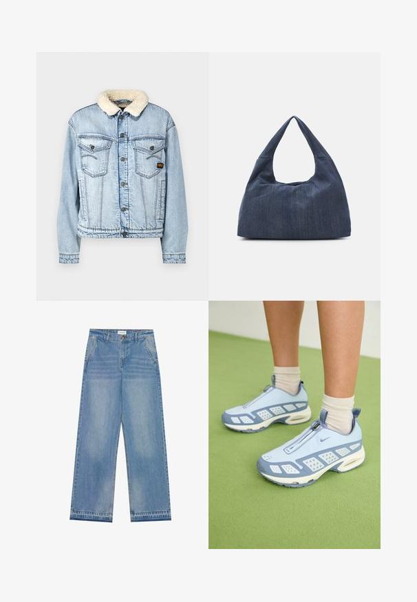 G-STAR RELAXED JACKET - Džinsinis švarkelis - sun faded cloudburst; Trumpas, kreminės spalvos marškinėliai, pagaminti iš medvilnės. Puošti rožiniu siuvinėtu logotipu su užrašu "Nike Sportwear." Trumpomis rankovėmis ir apvaliu kaklu.; Šviesiai mėlynos aukštos juosmens plačios kojos džinsai su mygtuko uždarymu, priekinėmis kišenėmis, diržo kilpomis ir subtiliomis išblukimo detalėmis.; Šviesiai mėlynos sportinės batuokai su baltais akcentais, tekstūruotais paneliais ir užtrauktuku. Yra matoma oro amortizavimo padas ir guminis padas.; Tamsiai mėlynas džinsinis krepšys su minkšta, laisva forma, su hobo stiliaus rankena ir tekstūruota paviršiumi. Nėra matomų metalo detalių.