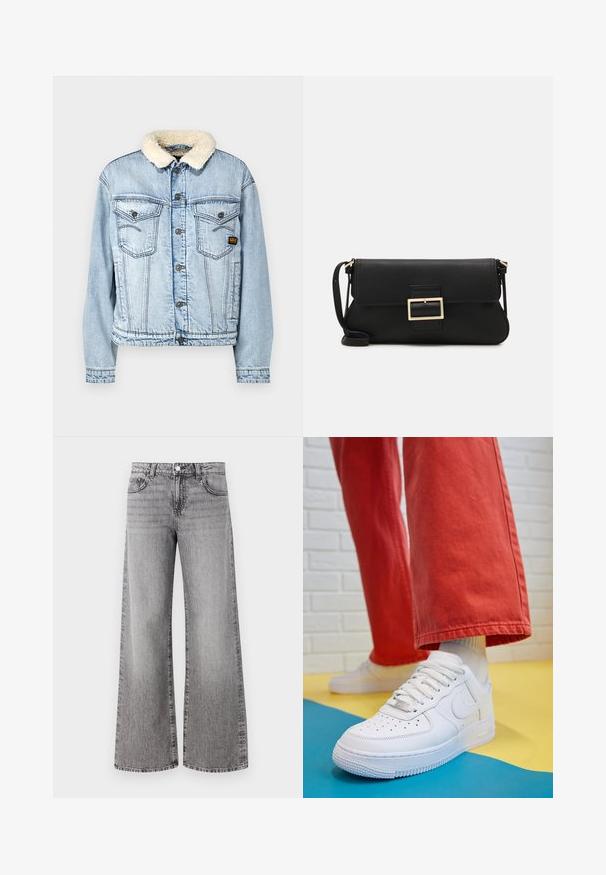 G-STAR RELAXED JACKET - Teksajakk - sun faded cloudburst; Valge ilma varrukateta T-särk, mis on valmistatud ribakangast, ümarate kaelustega ja kitseneva siluetiga, minimaalse õmbluste ning ilma kaunistusteta.; Laiad säärised hallist denimist, millel on pleekinud viimistlus. Omab klassikalisi taskuid ja nööbliitmist vööl.; Valge nahast tennis, millel on perforeeritud varvas, tekstureeritud tallad ja valged shoelaces, kombineeritud laia punase pükste ja sinise ning kollase taustaga.; Must haben musta nahkklahviga kott, millel on klapp ja kuldne metallist pandla detail. Kaasas must rihm ja stiilne, minimalistlik disain.; Hõbedased rõngaskõrvarõngad keerutatud disainiga, millel on poleeritud viimistlus ja posti-tagune sulgemine. Diameeter umbes 3 cm.