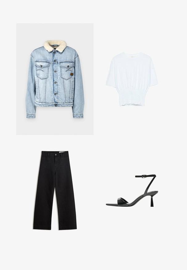 G-STAR RELAXED JACKET - Farkkutakki - sun faded cloudburst; Valkoinen lyhythihainen t-paita, jossa on rento leikkaus ja frillattu tekstuuri vyötäröllä. Valmistettu pehmeästä, kevyestä kankaasta.; Mustat leveät farkut korkealla vyötäröllä, joissa on etu- ja takataskut, ommellut saumat ja nappisuljenta. Silkinoinen rakenne.; Bershka Korolliset sandaalit - black