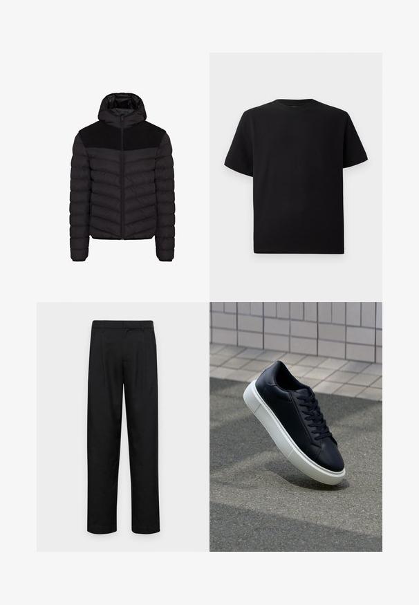 Casaco puffer preto com capuz, apresentando um painel de tecido preto texturizado nos ombros, fecho zíper e padrão de acolchoado horizontal.; T-shirt preta de mangas curtas feita de tecido texturizado, com decote redondo e um corte descontraído. Simples, sem padrões ou detalhes.; Calças pretas feitas de tecido suave, com um design de perna reta, dois pregas frontais e uma cintura padrão com passantes para cinto.; Sapatilha de couro preto com bico arredondado e sola de borracha branca. Apresenta atacadores planos e costuras mínimas na parte superior. Sola texturizada para melhor aderência.