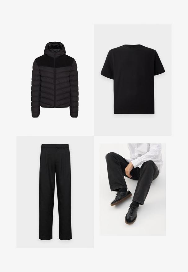 Casaco puffer preto com capuz, apresentando um painel de tecido preto texturizado nos ombros, fecho zíper e padrão de acolchoado horizontal.; T-shirt preta de mangas curtas feita de tecido texturizado, com decote redondo e um corte descontraído. Simples, sem padrões ou detalhes.; Calças pretas feitas de tecido suave, com um design de perna reta, dois pregas frontais e uma cintura padrão com passantes para cinto.; Sneakers pretos com parte superior lisa e texturada, apresentando uma sola de borracha e atacadores escuros. Combinados com jeans pretos e uma camisa branca às riscas.