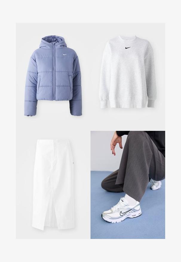 Zkrácená péřová bunda ve světle levandulové barvě, s kapucí, předním zipem a horizontálním prošíváním. Levý kapsa a akcent s logem Nike.; Šedá mikina vyrobená z měkké tkaniny, s kulatým výstřihem, spadlými rameny, žebrovanými manžetami a malým černým logem Nike na hrudi.; Bílá bavlněná midi sukně s rovnými liniemi, bočním rozparkem a skrytým zipem. Hladká textura, minimalistický design a žádné viditelné ozdoby.; Bílé a stříbrné sportovní boty vyrobené z prodyšných a syntetických materiálů, s černými akcenty, tkaničkami a texturovanou podrážkou.
