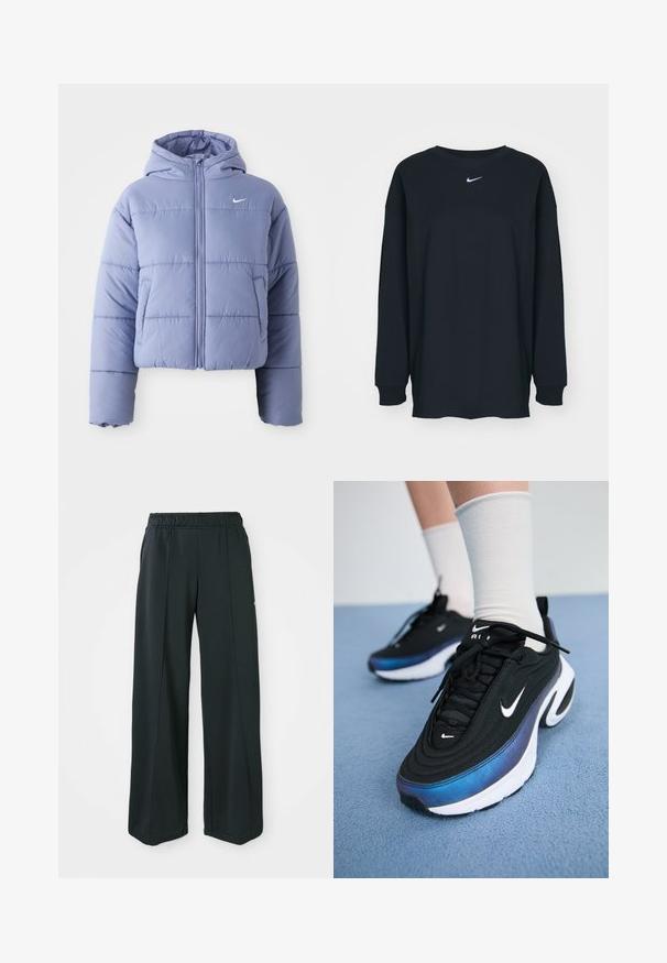 Kuttet puffer-jakke i lys lavendel, med hette, glidelås foran og horisontal søm. Venstre sidelomme og Nike-logo som detalj.; Svart langermet T-skjorte laget av bomull med rund hals. Har en hvit Nike-logo på brystet. Myk tekstur, enkelt design.; Sorte, vide treningsbukser med elastisk midje. Laget av glatt, elastisk stoff, med subtile front sømmar og utan lommer.; Sorte Nike joggesko med en glatt stoffoverdel, med et gradientdesign fra blått til svart, hvit såle og fremtredende logoaksenter.