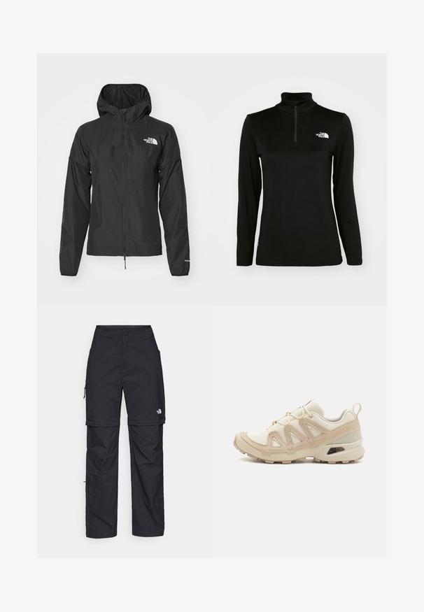 Black waterproof jacket with a full zip, adjustable hood, and elastic cuffs. Features branding on the chest and a lightweight, smooth texture.; Black long-sleeve pullover with a high collar and quarter-zip, made from a smooth fabric, featuring a white logo on the left chest.; Black nylon zip-off cargo trousers with adjustable cuffs, multiple pockets, and a logo on the right leg. Smooth, lightweight texture.; Beige and cream athletic shoe with textured mesh upper, supportive overlays, and rubber outsole featuring a tread pattern for traction.