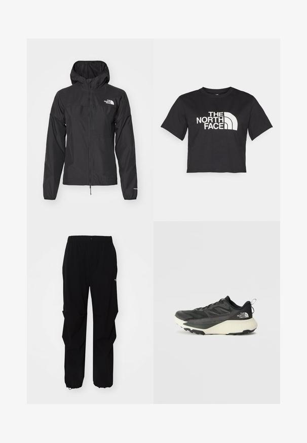 Zwarte waterdichte jas met volledige rits, verstelbare capuchon en elastische manchetten. Kenmerkt zich door branding op de borst en een lichtgewicht, gladde textuur.; Zwarte cropped t-shirt gemaakt van katoen, met een wit logo met gebogen accenten en de tekst "THE NORTH FACE" op de voorkant. Korte mouwen, ronde hals.; Zwarte outdoorbroek gemaakt van duurzaam materiaal, met een relaxte fit, elastische tailleband en een afgeknipte onderkant voor verstelbare lengte.; Zwarte sportieve schoen met een gestructureerde bovenkant, voorzien van grijze accenten en een witte tussenzool. Inclusief een trekhaak en een opvallend merklogo op de hiel.