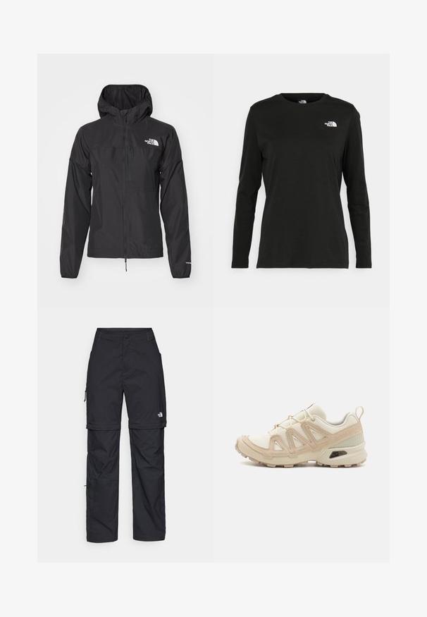 Juodas vandeniui atsparus džemperis su pilnu užtrauktuku, reguliuojama kapišonu ir elastingais rankogaliais. Pasižymi logotipo ženklu ant krūtinės ir lengvu, lygiu paviršiumi.; Juodas ilgomis rankovėmis medvilninis marškinėliai su apvali apykakle. Savybė - mažas baltas logotipas kairėje krūtinės pusėje. Paprastas dizainas ir pritaikymas.; Juodos nailoninės krovinių kelnės su reguliuojamais rankovėmis, daugybe kišenių ir logo ant dešinės kojos. Lygi, lengva tekstūra.; Bežinės ir kreminės spalvos sportinės bateliai su tekstūruoto tinklelio viršutine dalimi, palaikančiomis detalėmis ir guminiais padais, turinčiais raštą, užtikrinantį sukibimą.