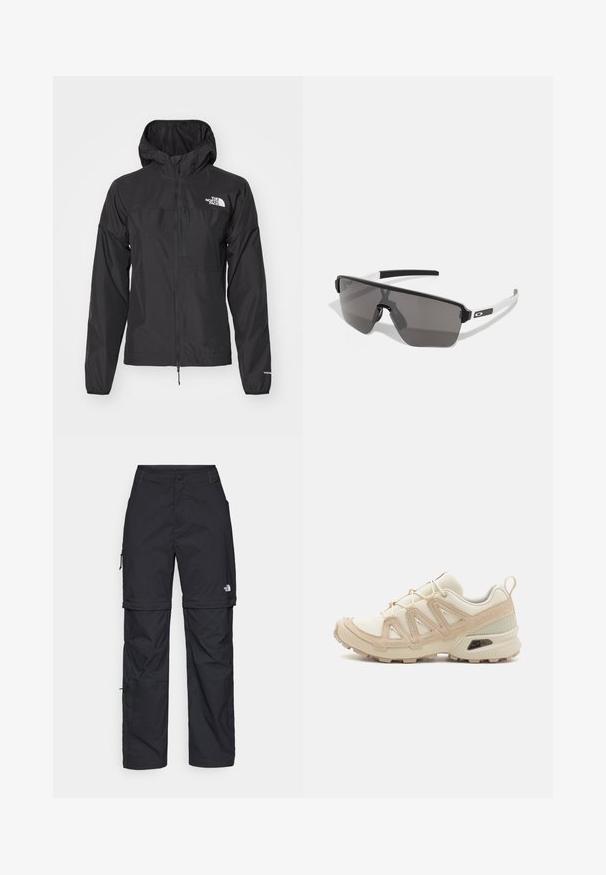 Must noir veekindel jakk, täispikk tõmblukk, reguleeritav kapuuts ja elastsed mansetid. Rinnal on bränding ja see on kerge ning sileda tekstuuriga.; Mustvalge puuvillane t-särk, millel on ümber kaeluse lõige ja lühikesed varrukad. Märkimisväärne valge logo vasakul ülal nurgas. Sile tekstuur, mugav lõige.; Mustad nailonist valmistatud eemaldatavad cargo-püksid, reguleeritavate pahkluudega, mitmete taskutega ja paremal jalal logoga. Sile, kerge tekstuur.; Beež ja koobalti spordijalats tekstureeritud võrkkattega, toetavad ülemised kihid ja kummist tallaga, millel on mustriga joonistus haardeks.; Mustad ja hallid prillid, millel on suur ja nurkne disain. Omavad mati viimistluse ja valged aktsendid rikkudes. Tumedalt toonitud läätsed.