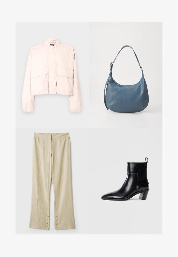 Kort jasje van lichtroze stof met een opstaande kraag, een drukknopen sluiting aan de voorkant en twee voorzakken met klep.; Zwarte mouwloze top met een ronde hals en een sleutelgat achter. Heeft verticale plooien voor textuur. Glad materiaal met een lichte glans.; Beige wijde broek met een textuurstof. Heeft een platte tailleband en vijf knopen aan de onderkant voor sluiting. Geplooid ontwerp.; Zwarte leren enkelboot met een spitse neus, een geometrische gestapelde hak en een trekband aan de achterkant. Gladde textuur en slank ontwerp.; Blauwe leren handtas met een ronde vorm, enkele schouderriem, ritssluiting en geïmpregneerde merknaam aan de voorkant. Gladde textuur.