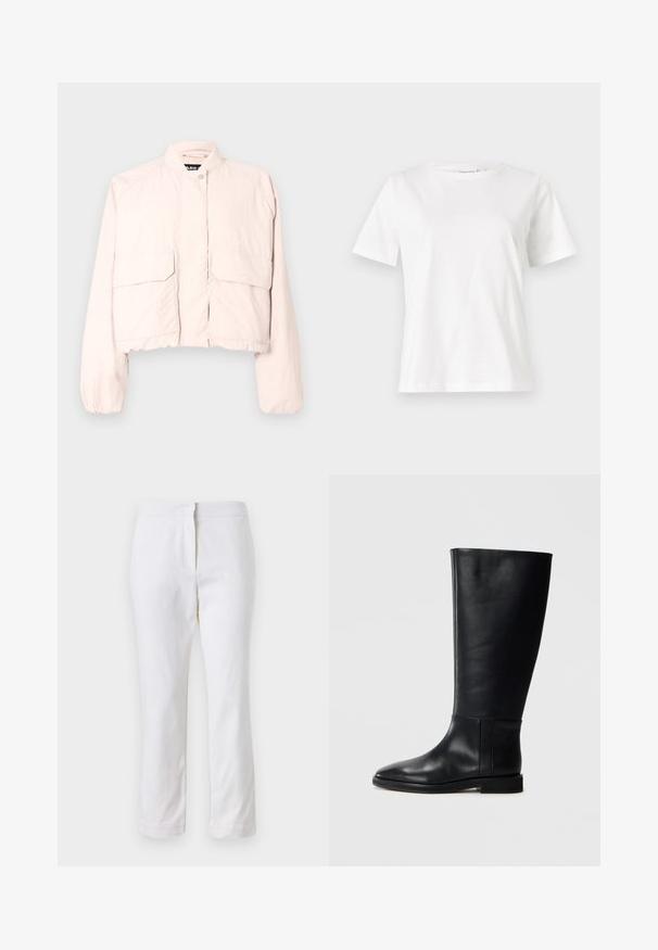 Kürzerer Stoffjacke in zartrosa mit Stehkragen, Druckknopfverschluss vorne und zwei vorderen Taschen mit Klappe.; Weißes Baumwoll-T-Shirt mit kurzen Ärmeln, Rundhalsausschnitt und lockerer Passform. Glatte Textur, keine Muster oder Akzente, minimalistisches Design.; Weiße Baumwollhose mit geradem Bein, mittelhoher Taille und ohne sichtbare Beschläge oder Muster. Glatte Textur auf der gesamten Fläche.; Schwarze Lederstiefel bis zum Knie mit runder Zehenform, glatter Textur, minimalistischem Design und flacher Sohle. Einfache Nahtdetails am Schaft.