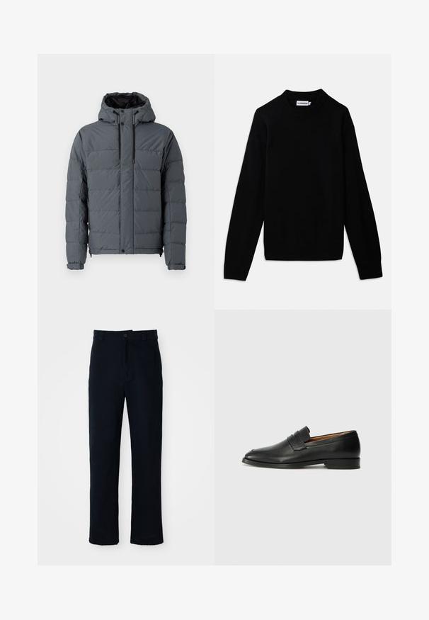 Grå pufferjakke med hætte, featuring en quiltet design, elastiske manchetter og lynlåslommer på siden, lavet af syntetisk materiale.; Sort sweater med en ribbet rund halsudskæring, lange ærmer og et tekstureret strikmønster. Ingen synlige logoer eller udsmykninger.; Mørkeblå bukser lavet af bomuld, med en lige ben-design, en frontknaplukning og en klassisk talje med bæltestropper.; Sort læder loafer med rund tå, diskret syning, og lav hæl, der har en glat tekstur og minimalistisk design.