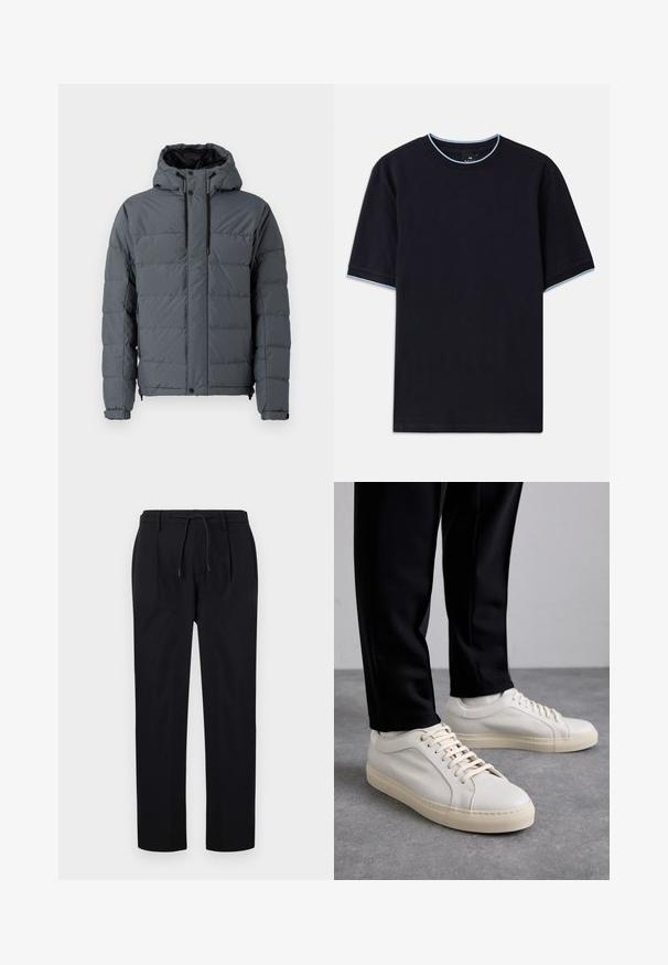 Grå puffjacka med huva, med ett kviltat mönster, elastiska ärmslut och fickor med dragkedja, tillverkad av syntetiskt material.; Mörkblå t-shirt med kort ärm och rund halsringning, med ljusblå detaljer vid kragen och ärmarna. Tillverkad av mjukt bomullstyg.; Svarta byxor i slät tyg, med dragsko i midjan, raka ben och framfållningar för en strukturerad look.; Ljust beige läder sneakers med platta snören, en strukturerad yta och en kontrasterande gummisula i krämfärg, parat med svarta avsmalnande byxor.