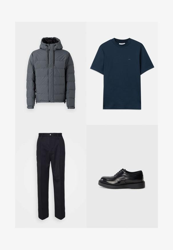Šedá zateplená bunda s kapucňou, s prešitým dizajnom, elastickými manžetami a zipsovými bočnými vreckami, vyrobená z syntetického materiálu.; Námornícka modrá bavlnená tričko s okrúhlym výstrihom, krátkymi rukávmi a jemným logom potlačeným na hrudi. Hladká textúra a klasický strih.; Čierne elegantné nohavice so strihom rovného strihu, vyrobené z hladkej tkaniny, s predným zapínaním na gombík a dvoma bočnými vreckami.; Čierne kožené šnurovacie topánky s okrúhlou špičkou, hladkým povrchom a hrubou gumovou podrážkou s jemnými drážkami pre lepšiu trakciu.