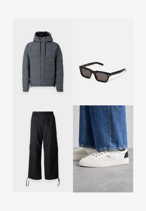 Graue Pufferjacke mit Kapuze, ausgestattet mit einem gesteppten Design, elastischen Bündchen und Reißverschlusstaschen an den Seiten, aus synthetischem Material gefertigt.; Schwarzes Baumwoll-T-Shirt mit Rundhalsausschnitt, kurzen Ärmeln und dem "EMPORIO ARMANI"-Logo in Weiß über dem geschwungenen Schriftzug "Milano".; Schwarze Cargo-Hosen aus leichtem Stoff mit weitem Bein, elastischem Bund und verstellbaren Kordeln an den Säumen. Zwei seitliche Taschen.; Weiße und schwarze Sneaker mit einem Obermaterial aus glattem Leder, strukturierten Akzenten und einer massiven weißen Sohle. Verfügt über ein klassisches Schnürdesign.; Schwarze rechteckige Sonnenbrille mit dunklen Gläsern, dickem Kunststoffrahmen, goldenen Akzenten an den Bügeln und eingraviertem Markenlogo am Arm.