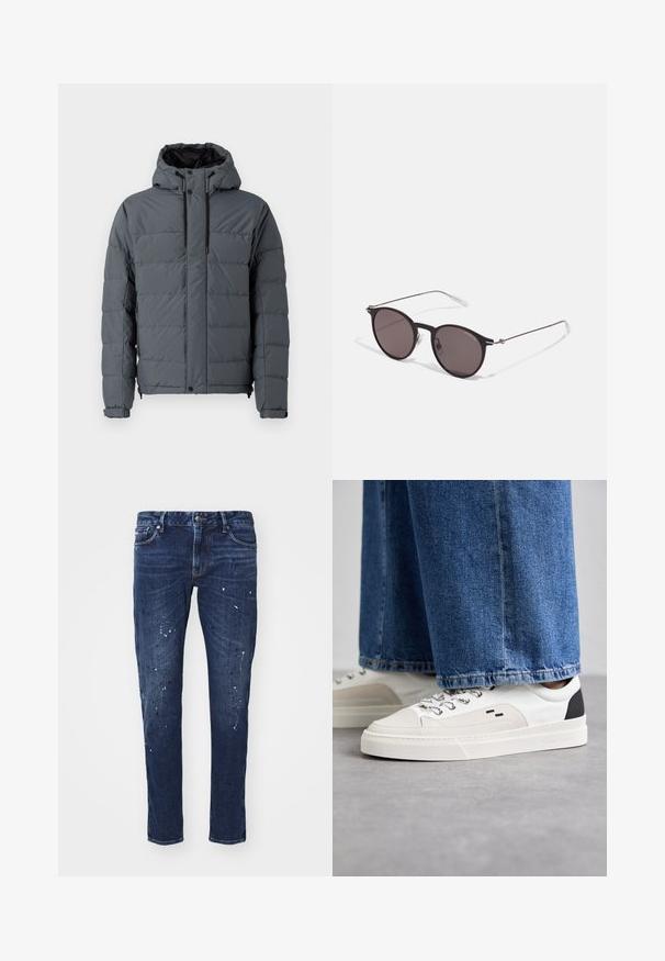 Grå pufferjakke med hætte, featuring en quiltet design, elastiske manchetter og lynlåslommer på siden, lavet af syntetisk materiale.; Sort bomulds T-shirt med rund halsudskæring, korte ærmer og "EMPORIO ARMANI" logo i hvid over "Milano" i et buet design.; Mørkeblå denimjeans med slim fit, der har malerpletter, synlige syninger og standard fem-lommer design. Lige ben.; Hvide og sorte sneakers med en glat læderoverdel, teksturerede detaljer og en kraftig hvid sål. Har et klassisk snørebåndsdesign.; Sorte runde solbriller med mørke linser og slanke metalarme. Inkluderer klare tempeltips og sølvdetaljer ved hængslet. Minimalistisk design.