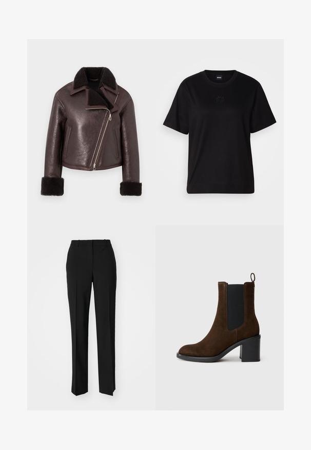 Casaco cropped castanho em couro com colarinho de pele sintética, fecho de zip e punhos em pele de carneiro. Apresenta um design assimétrico e um acabamento texturizado.; T-shirt de algodão preto com decote redondo, mangas curtas e um logótipo bordado no peito. Corte simples e descontraído, sem padrões.; Calças pretas de corte ajustado com um design de perna reta, apresentando uma textura lisa e pregas bem definidas na frente. Sem hardware visível.; Botim de tornozelo em camurça castanha com bico arredondado, painel elástico lateral e salto quadrado. Apresenta uma alça na parte de trás para fácil calçar.