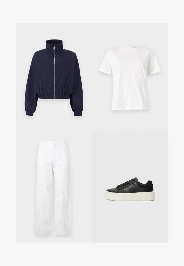 Veste courte navy, avec un col haut, un zip sur le devant, une taille élastique et des manches froncées, fabriquée en tissu léger et texturé.; T-shirt en coton blanc à manches courtes, col rond et coupe décontractée. Texture lisse, sans motifs ni accents, design minimaliste.; Pantalons larges blancs en tissu léger, présentant une texture lisse, des lignes épurées et une taille haute.; Sneaker en cuir noir avec un bout arrondi, semelle plateform blanche et lacets noirs. Présente un logo discret au niveau du talon et une texture lisse.