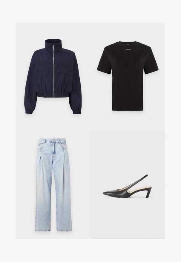 Veste courte navy, avec un col haut, un zip sur le devant, une taille élastique et des manches froncées, fabriquée en tissu léger et texturé.; T-shirt noir en coton à manches courtes, col rond, avec un petit logo blanc "Calvin Klein" sur la poitrine. Texture lisse, coupe classique.; Jeans en denim bleu clair avec taille haute, coupe large, deux poches latérales et design plissé. Texture douce avec une finition décolorée.; Slingback noir à bout pointu avec un petit talon, en cuir lisse et doté d'un design découpé sur le côté pour plus de respirabilité.
