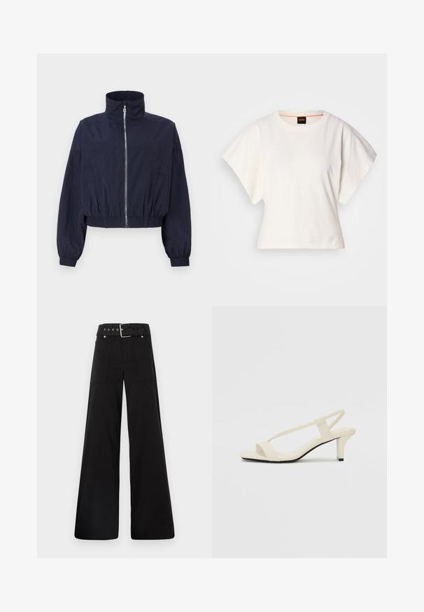 Navy cropped jacket, featuring a high collar, front zipper, elastic waistband, and gathered sleeves, made from lightweight, textured fabric.; White cropped T-shirt, short wide sleeves, soft cotton material, round neckline with subtle orange trim, minimal design, no patterns or graphics.; Black wide-leg trousers made from cotton, featuring a high waist, large side pockets, and a belted waist with silver hardware accents.; Beige block-heeled sandals with thin straps and a square toe. Smooth material with minimal detailing, designed for easy wear.