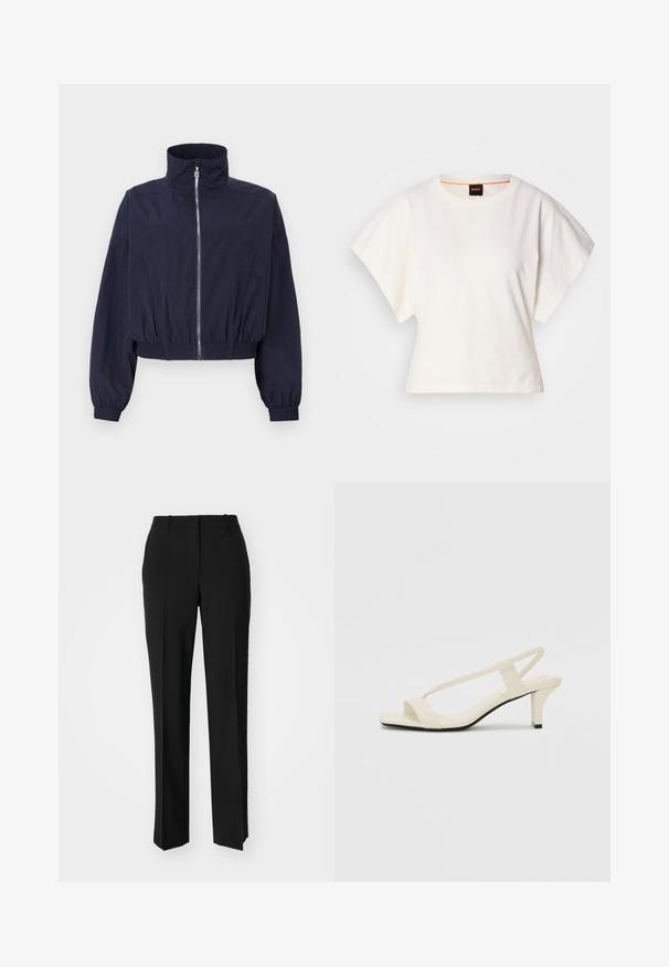 Veste courte navy, avec un col haut, un zip sur le devant, une taille élastique et des manches froncées, fabriquée en tissu léger et texturé.; T-shirt blanc cintré, manches courtes et larges, en coton doux, décolleté rond avec une discrète bordure orange, design minimaliste, sans motifs ni graphiques.; Pantalon noir ajusté avec une coupe droite, présentant une texture lisse et des plis nets sur le devant. Aucune quincaillerie visible.; Sandales beiges à talons carrés avec des fines brides et un bout carré. Matière lisse avec des détails minimaux, conçues pour un port facile.