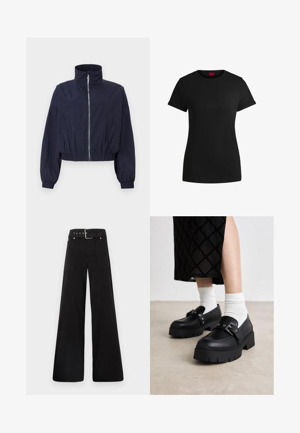 Marineblå kort jakke med høy krage, frontglidelås, elastisk midje og rynkede ermer, laget av lett, strukturert stoff.; Svart bomulls-t-skjorte med korte, rullede ermer, rund halslinning og rød etikett. Glatt tekstur, tettsittende fasong med minimale detaljer.; Sorte vidde bukser laget av bomull, med høy midje, store sidelommer og belte med sølv detaljer.; Svart plattform loafers med en glatt skinnfinish, med en spenne detalj og naglede akenter, sammen med hvite ribbede sokker.