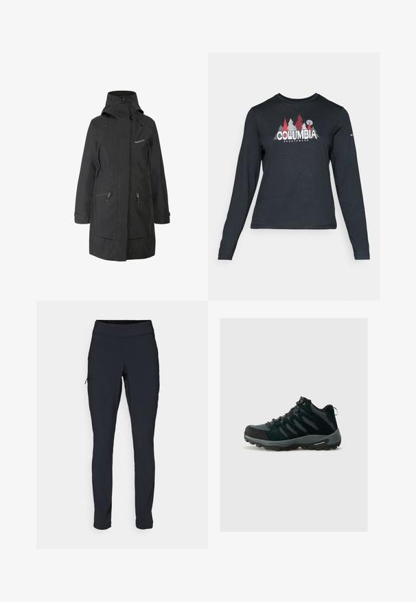 Juoda neperšlampama striukė su aukštu apykakliu, reguliuojamais kapišonu, dviem šoninėmis kišenėmis su užtrauktukais ir logotipu ant krūtinės. Lygi tekstūra, prigludęs fasonas.; Ilga rankovė tamsiai pilka marškinėliai su raudonų medžių ir kalnų grafika; drąsaus baltos spalvos teksto "COLUMBIA" logotipas. Minkšta medžiaga, standartinis apvalus kaklas.; Juodi sportiniai medvilniniai kelnių modeliai su siauru kirpimu, elastinga juosmens juosta ir šonine kišene su užtrauktuku. Lygus, elastingas audinys su minimaliais siūlės.; Columbia REDMOND - Turistiniai batai - black/citron haze